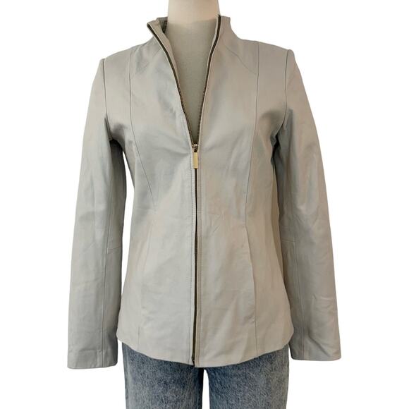 Neiman Marcus Leather Jacket Full Zip Blazer Bone Neutral M Vintage - Picture 1 of 12